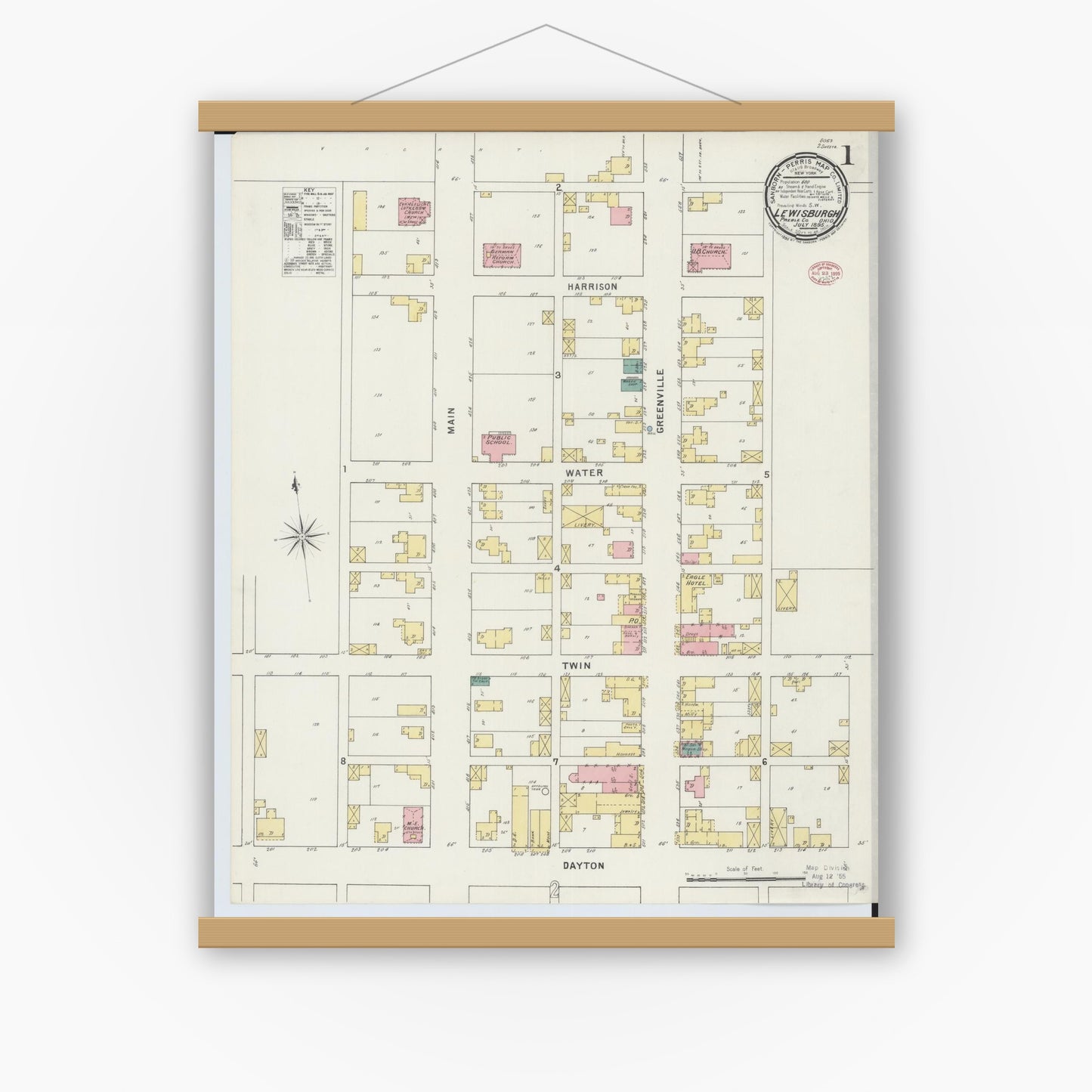 Old map wall art mockup — magnetic wood frame on white wall — Sanborn Fire Insurance Map from Lewisburg, Preble County, Ohio (1895), Sheet #0001
