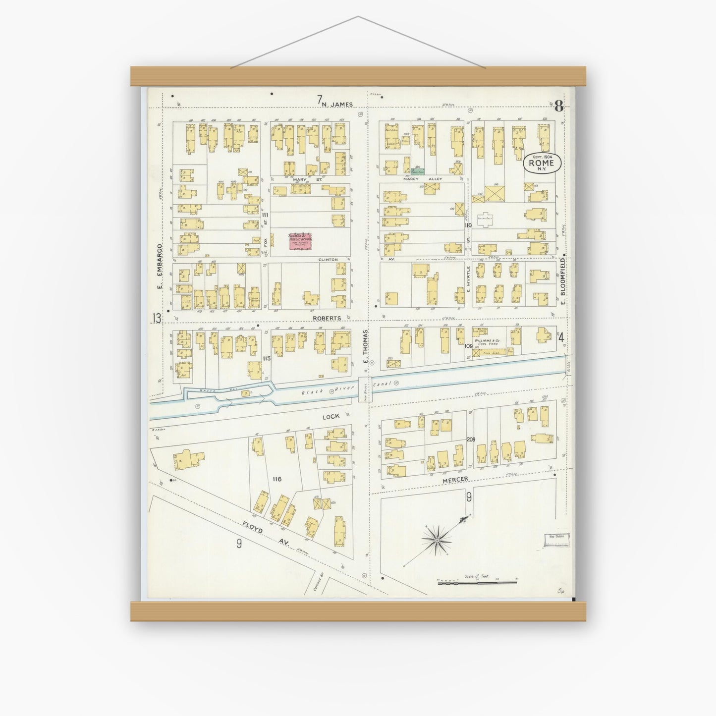 Old map wall art mockup — magnetic wood frame on white wall — Sanborn Fire Insurance Map from Rome, Oneida County, New York (1904), Sheet #0008