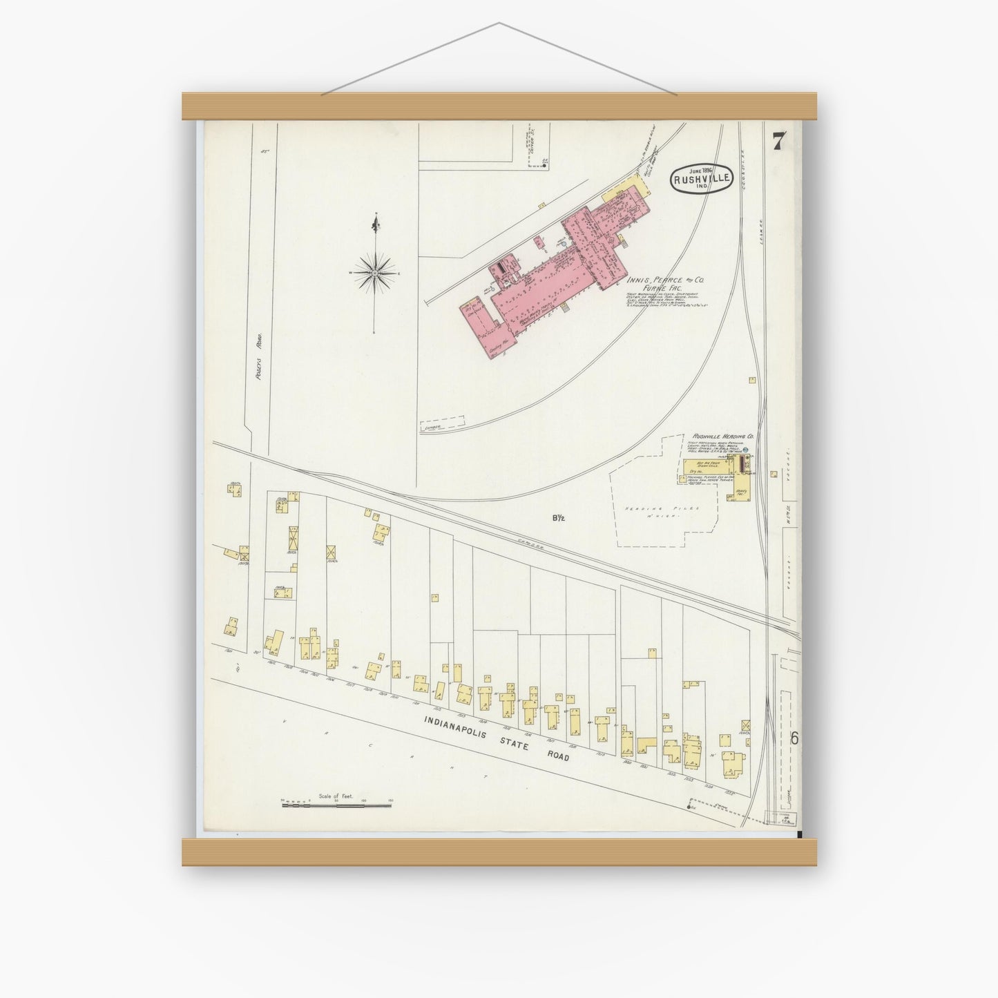 Old map wall art mockup — magnetic wood frame on white wall — Sanborn Fire Insurance Map from Rushville, Rush County, Indiana (1896), Sheet #0007