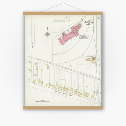 Old map wall art mockup — magnetic wood frame on white wall — Sanborn Fire Insurance Map from Rushville, Rush County, Indiana (1896), Sheet #0007