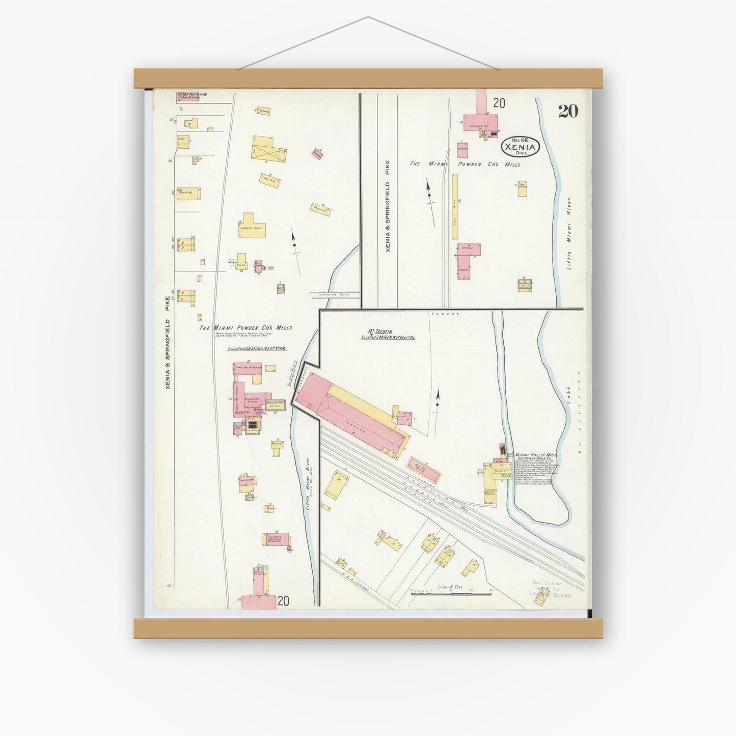 Old map wall art mockup — magnetic wood frame on white wall — Sanborn Fire Insurance Map from Xenia, Greene County, Ohio (1910), Sheet #0020
