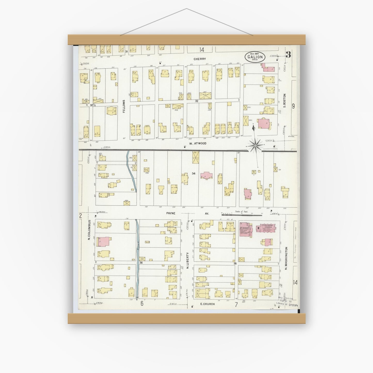 Old map wall art mockup — magnetic wood frame on white wall — Sanborn Fire Insurance Map from Galion, Crawford County, Ohio (1907), Sheet #0003