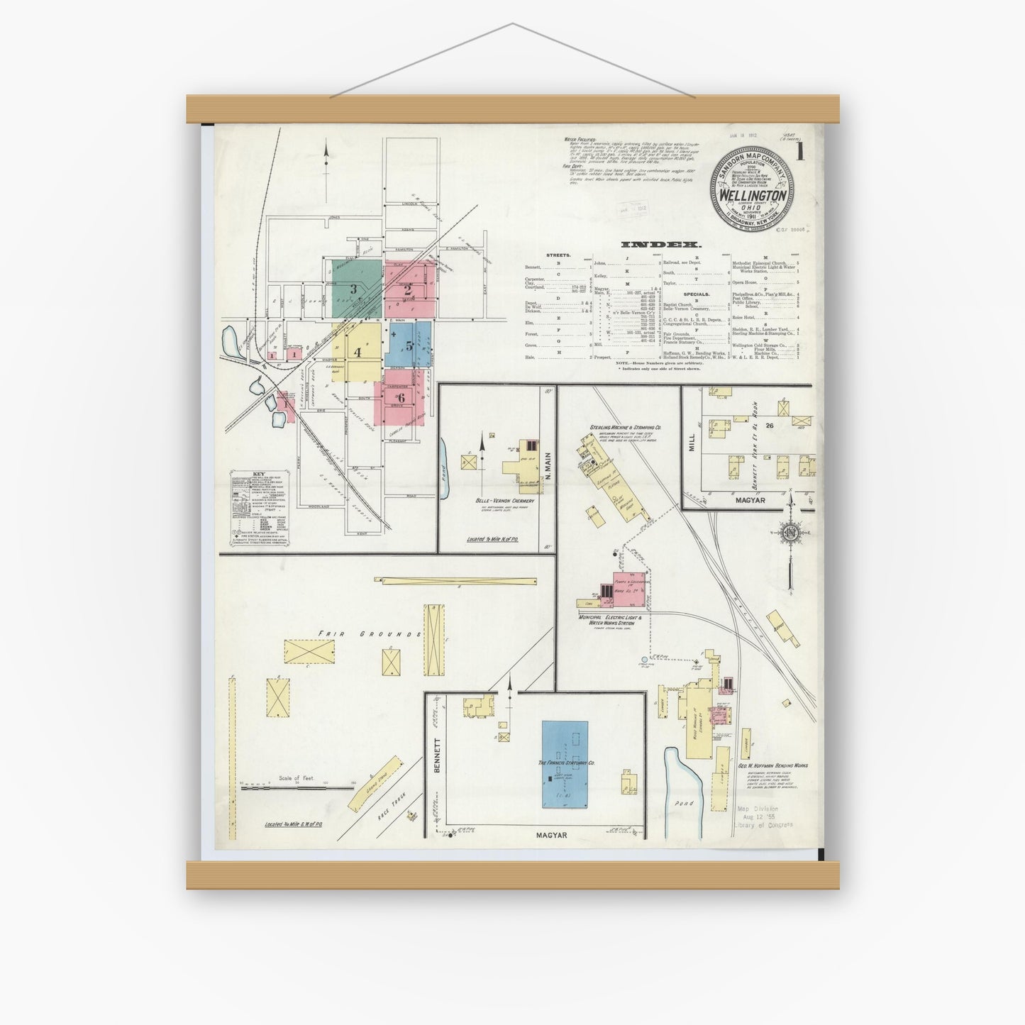 Old map wall art mockup — magnetic wood frame on white wall — Sanborn Fire Insurance Map from Wellington, Lorain County, Ohio (1911), Sheet #0001