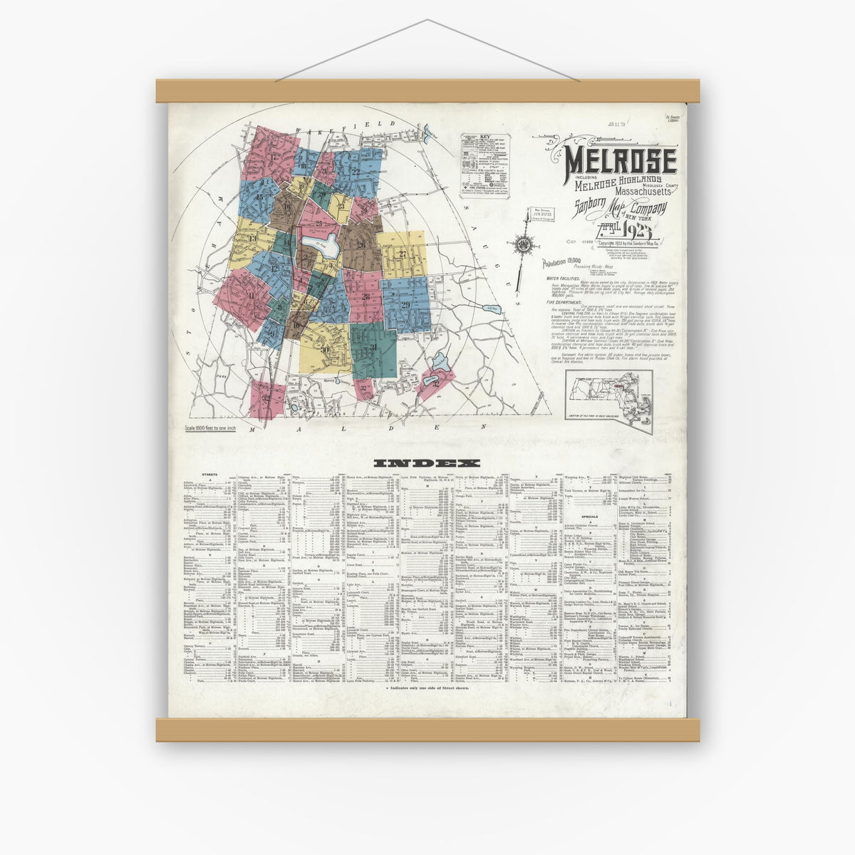 Old map wall art mockup — magnetic wood frame on white wall — Sanborn Fire Insurance Map from Melrose, Middlesex County, Massachusetts (1923), Sheet #0001