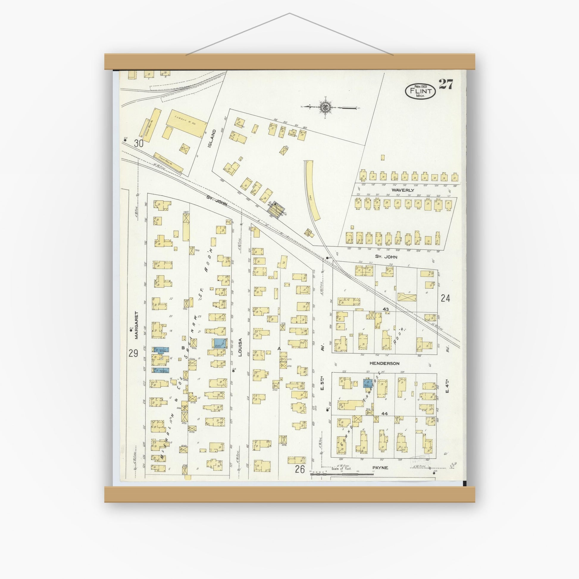 Old map wall art mockup — magnetic wood frame on white wall — Sanborn Fire Insurance Map from Flint, Genesee County, Michigan (1909), Sheet #0027