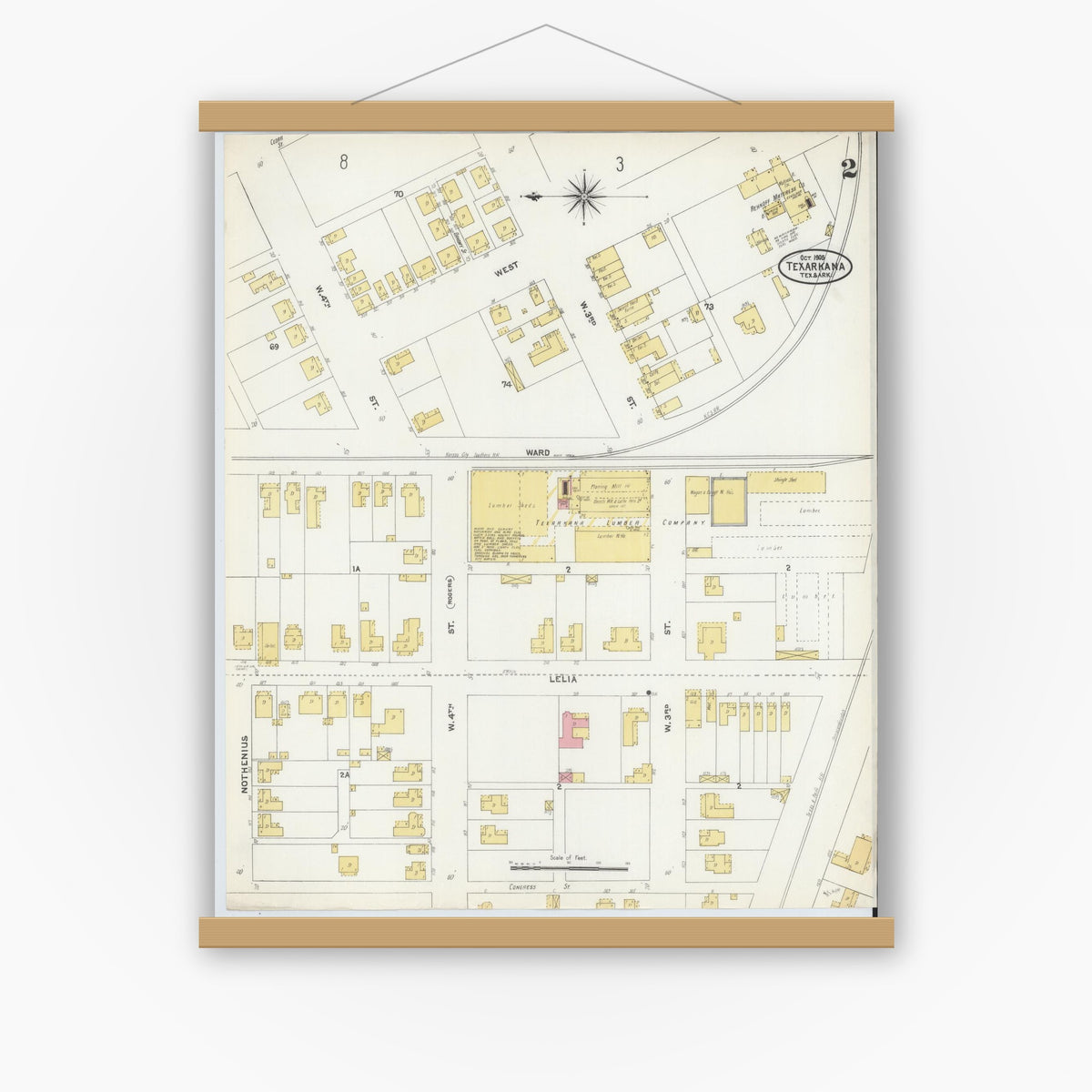 Old map wall art mockup — magnetic wood frame on white wall — Sanborn Fire Insurance Map from Texarkana, Bowie County, Texas (1905), Sheet #0002