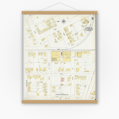 Old map wall art mockup — magnetic wood frame on white wall — Sanborn Fire Insurance Map from Texarkana, Bowie County, Texas (1905), Sheet #0002