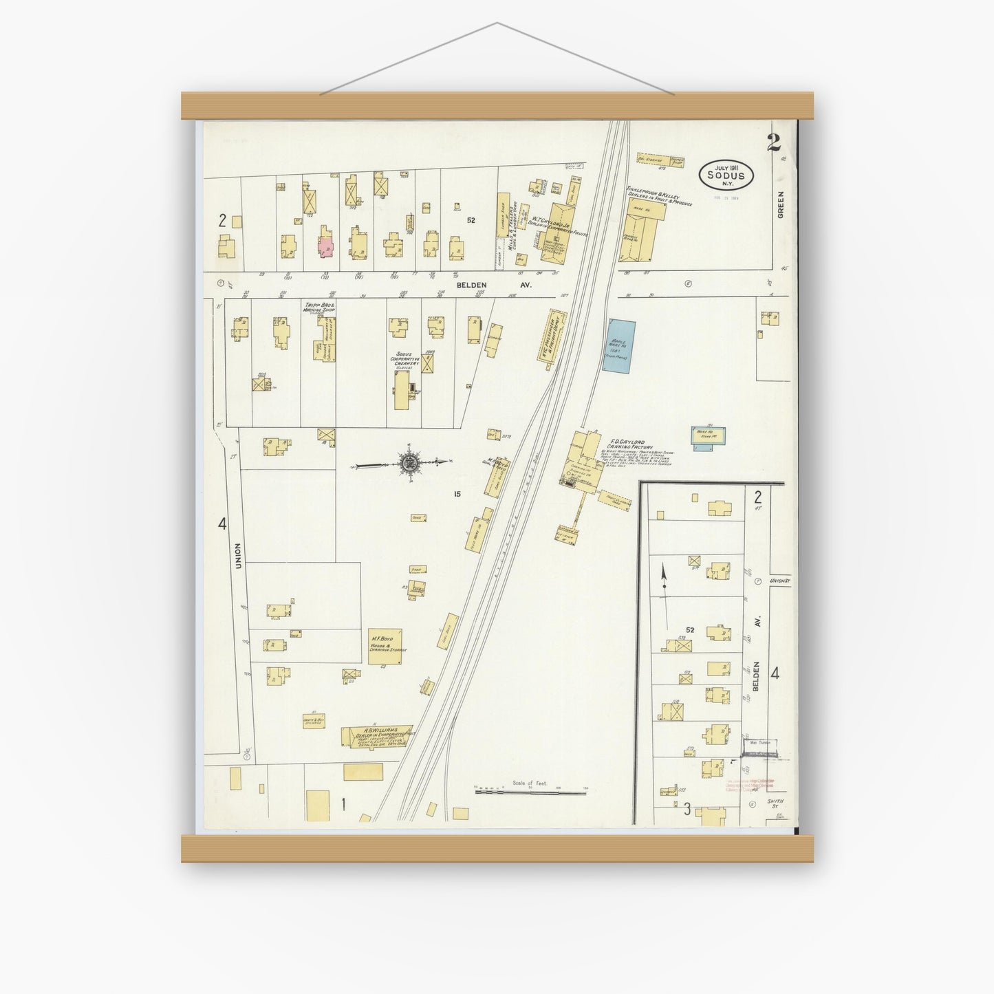 Old map wall art mockup — magnetic wood frame on white wall — Sanborn Fire Insurance Map from Sodus, Wayne County, New York (1911), Sheet #0002