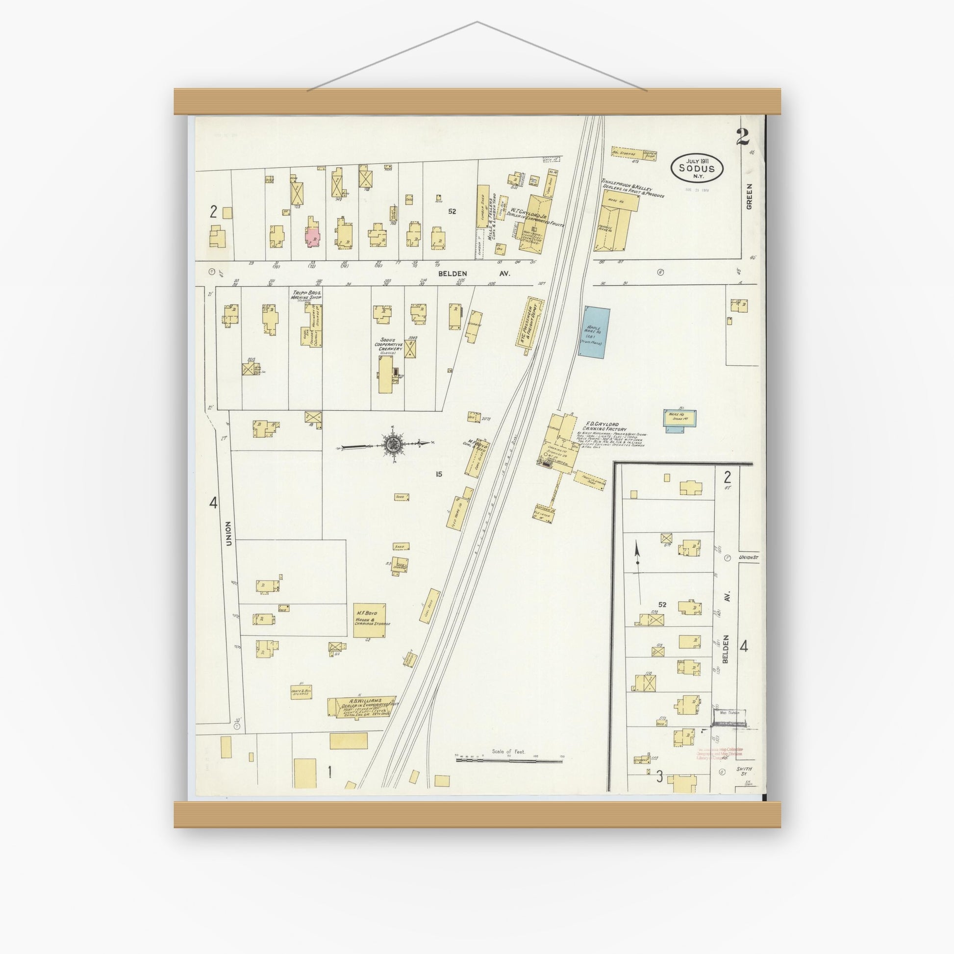 Old map wall art mockup — magnetic wood frame on white wall — Sanborn Fire Insurance Map from Sodus, Wayne County, New York (1911), Sheet #0002