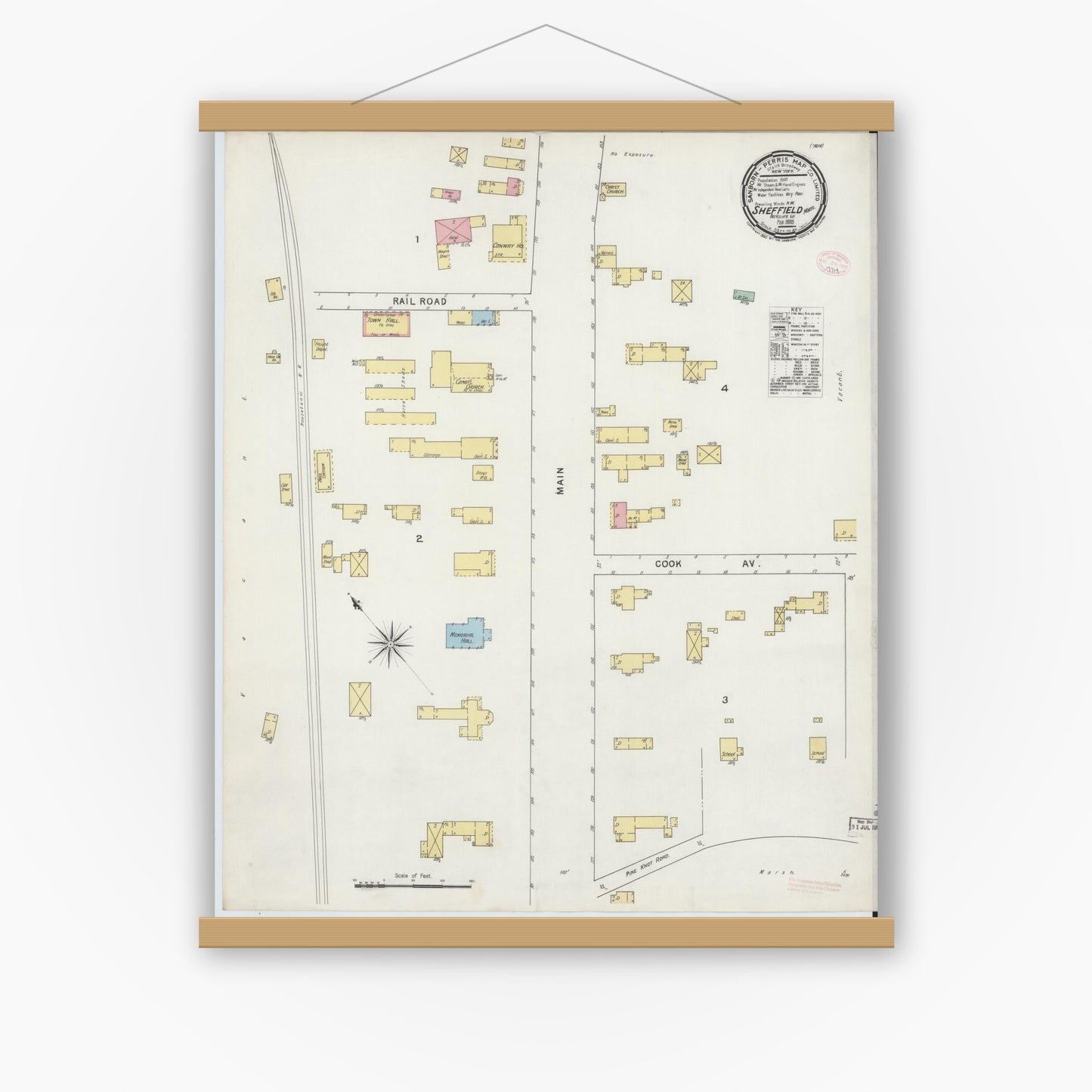 Old map wall art mockup — magnetic wood frame on white wall — Sanborn Fire Insurance Map from Sheffield, Berkshire County, Massachusetts (1895), Sheet #0001