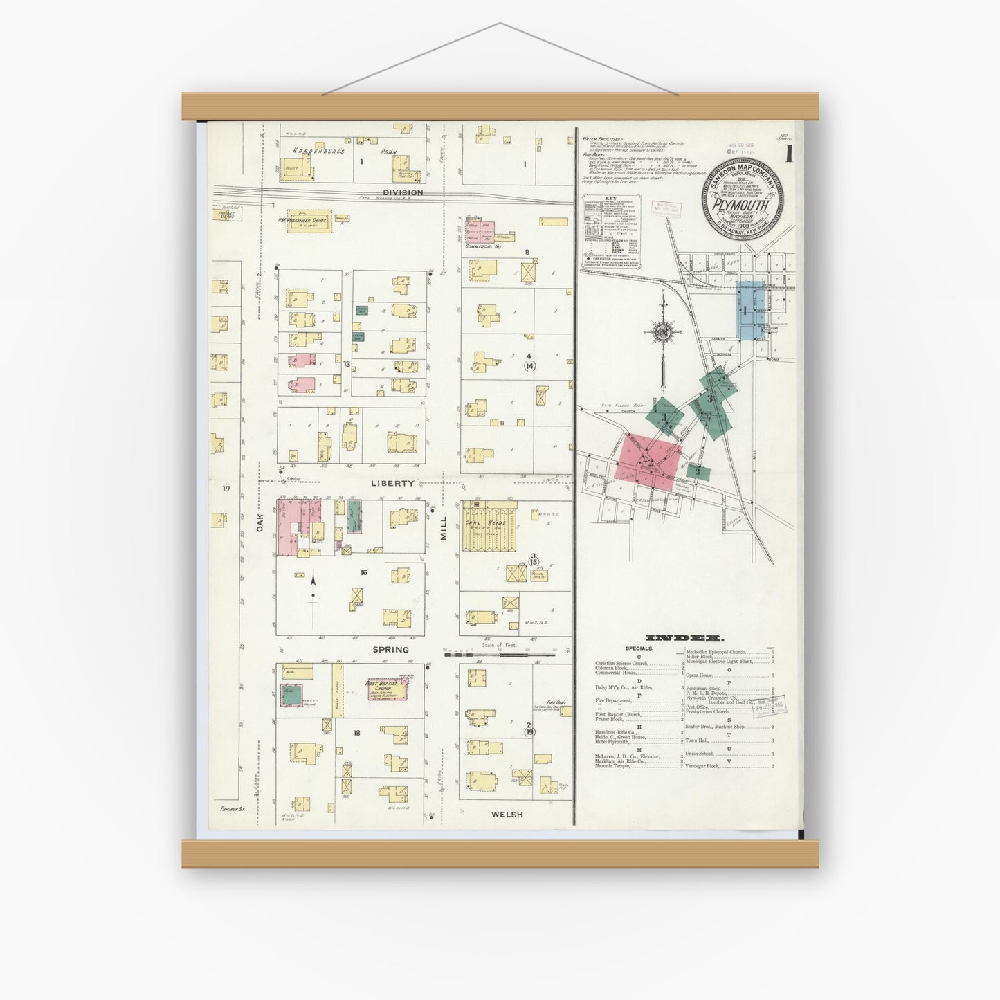 Old map wall art mockup — magnetic wood frame on white wall — Sanborn Fire Insurance Map from Plymouth, Wayne County, Michigan (1909) - Complete Map Set