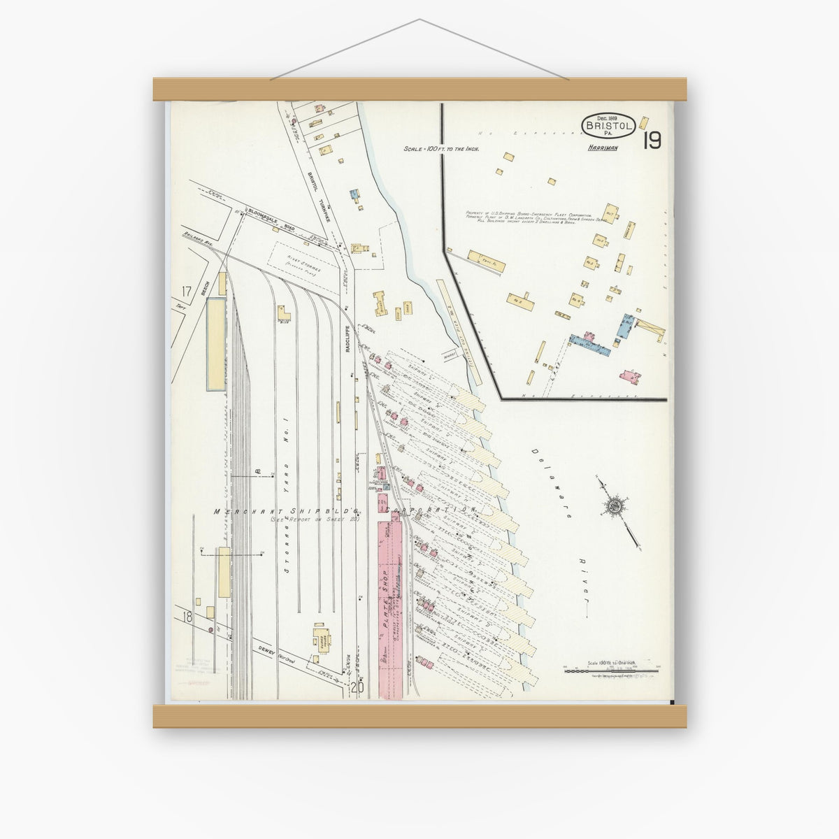 Old map wall art mockup — magnetic wood frame on white wall — Sanborn Fire Insurance Map from Bristol, Bucks County, Pennsylvania (1927), Sheet #0019