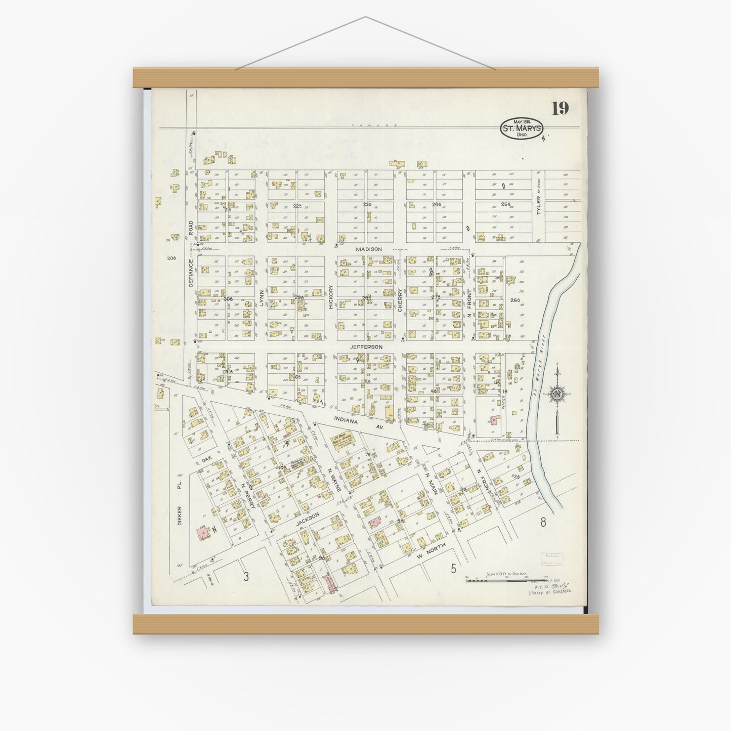 Old map wall art mockup — magnetic wood frame on white wall — Sanborn Fire Insurance Map from Saint Marys, Auglaize County, Ohio (1914), Sheet #0019