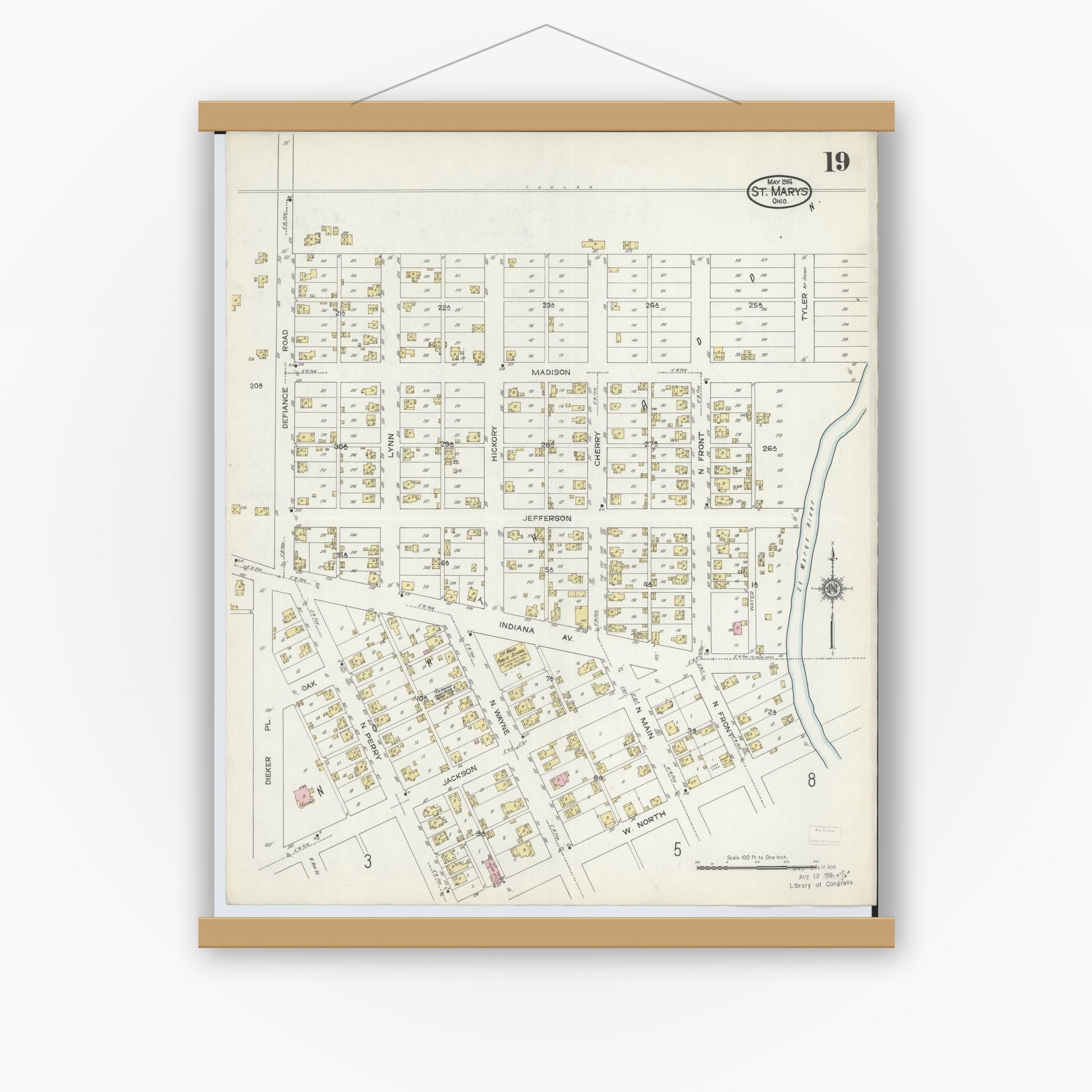 Old map wall art mockup — magnetic wood frame on white wall — Sanborn Fire Insurance Map from Saint Marys, Auglaize County, Ohio (1914), Sheet #0019