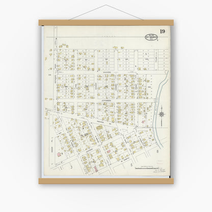Old map wall art mockup — magnetic wood frame on white wall — Sanborn Fire Insurance Map from Saint Marys, Auglaize County, Ohio (1914), Sheet #0019