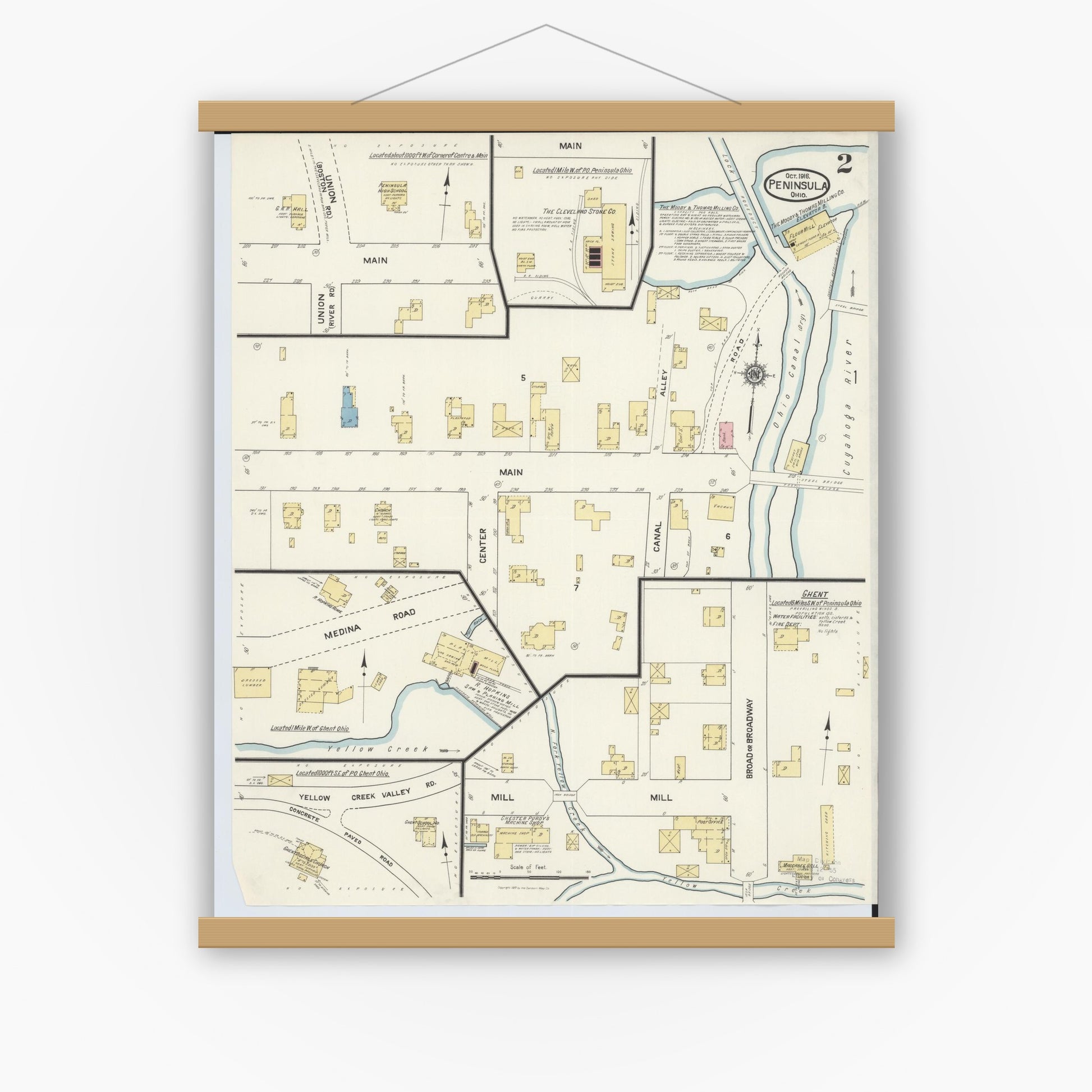 Old map wall art mockup — magnetic wood frame on white wall — Sanborn Fire Insurance Map from Peninsula, Summit County, Ohio (1916), Sheet #0002