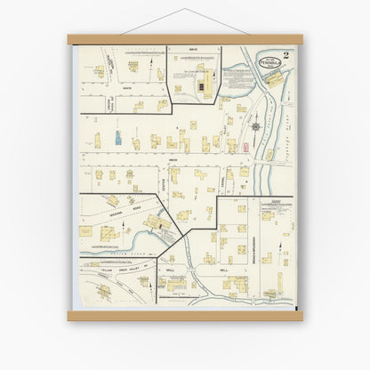 Old map wall art mockup — magnetic wood frame on white wall — Sanborn Fire Insurance Map from Peninsula, Summit County, Ohio (1916), Sheet #0002