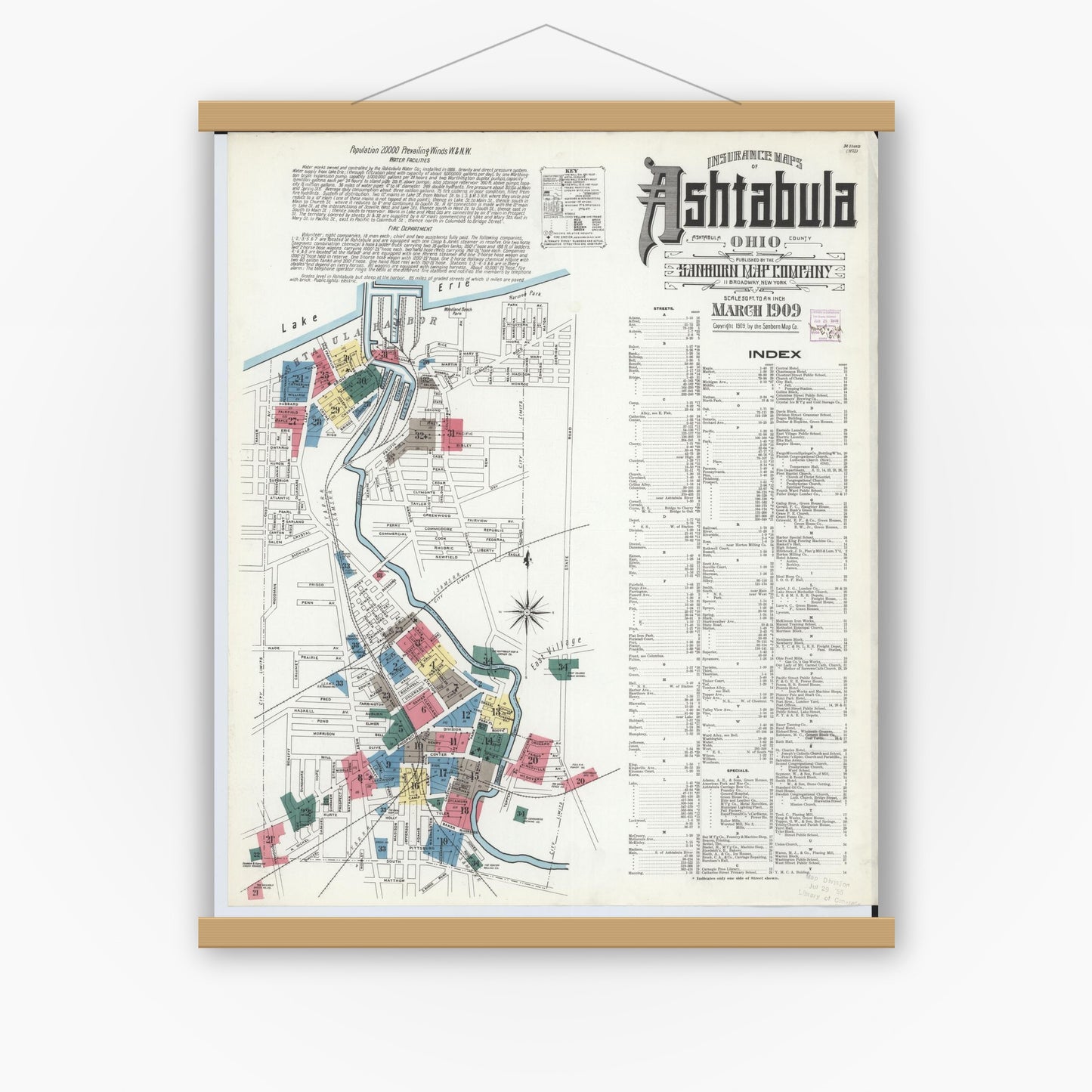 Old map wall art mockup — magnetic wood frame on white wall — Sanborn Fire Insurance Map from Ashtabula, Ashtabula County, Ohio (1909), Sheet #0001