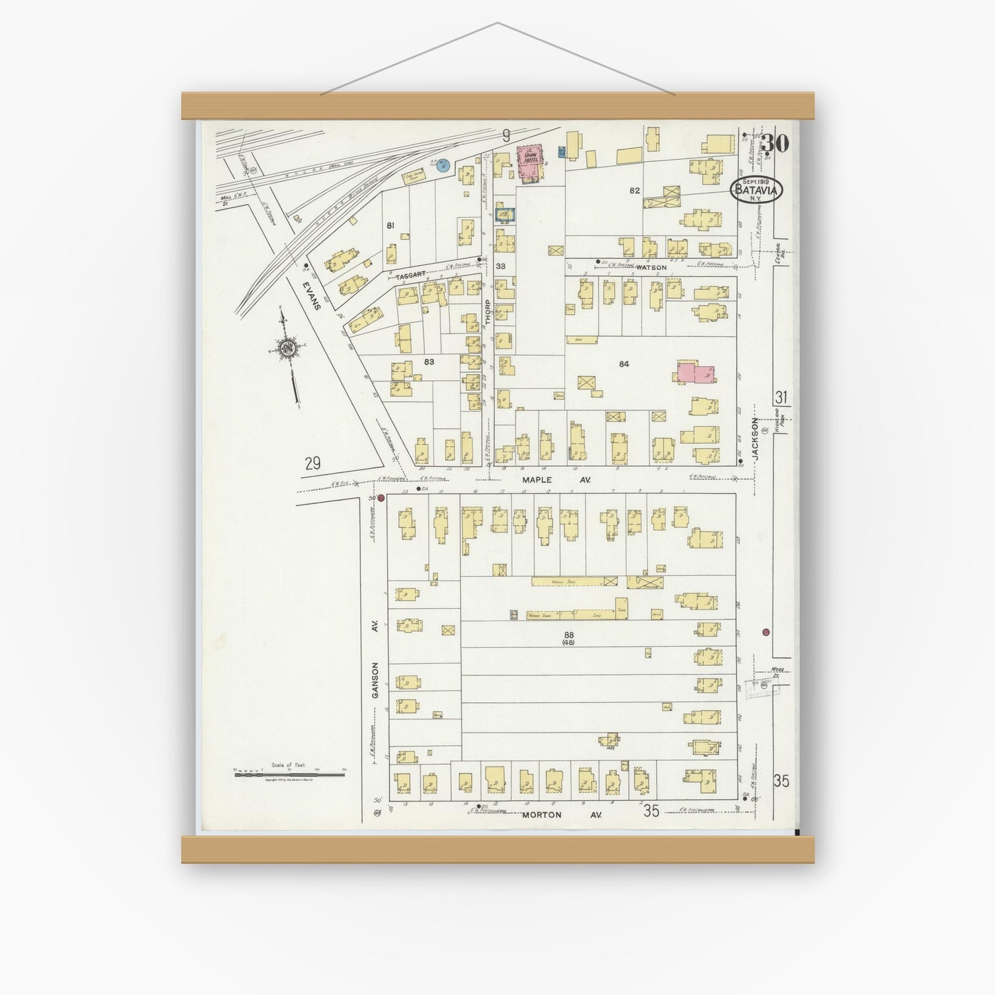 Old map wall art mockup — magnetic wood frame on white wall — Sanborn Fire Insurance Map from Batavia, Genesee County, New York (1919), Sheet #0030