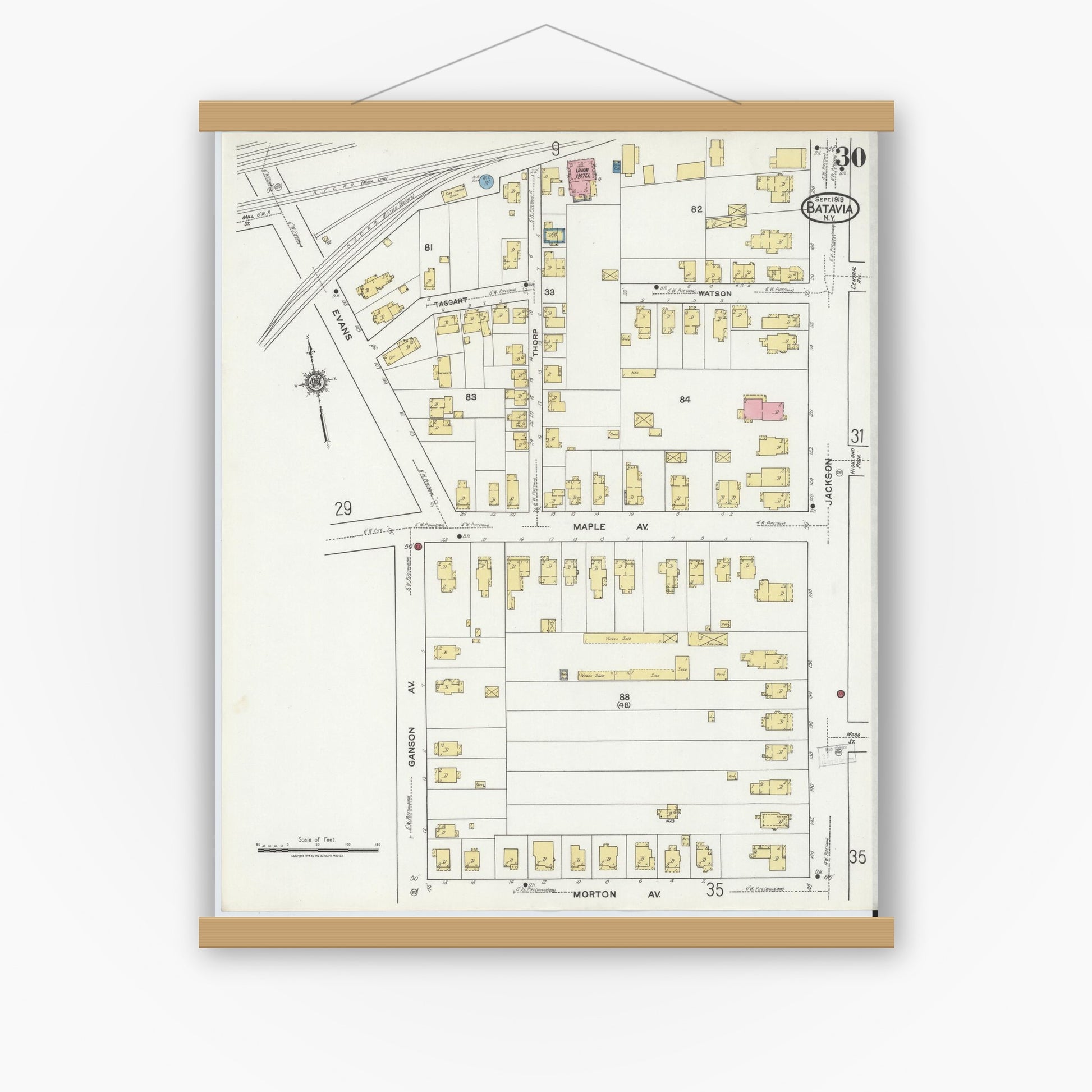Old map wall art mockup — magnetic wood frame on white wall — Sanborn Fire Insurance Map from Batavia, Genesee County, New York (1919), Sheet #0030