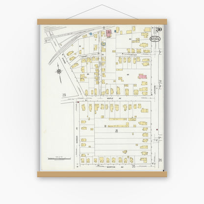 Old map wall art mockup — magnetic wood frame on white wall — Sanborn Fire Insurance Map from Batavia, Genesee County, New York (1919), Sheet #0030