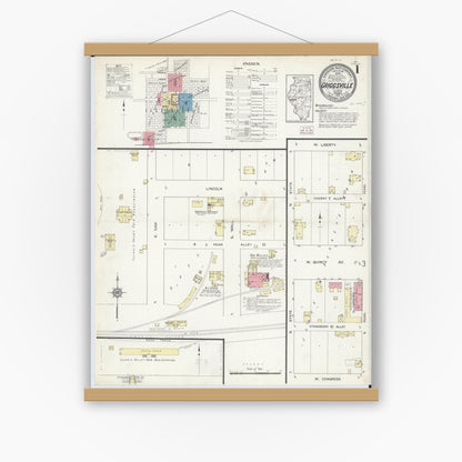 Old map wall art mockup — magnetic wood frame on white wall — Sanborn Fire Insurance Map from Griggsville, Pike County, Illinois (1913) - Complete Map Set