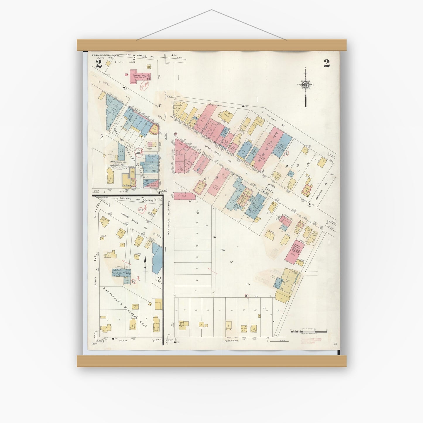 Old map wall art mockup — magnetic wood frame on white wall — Sanborn Fire Insurance Map from Farmington, Oakland County, Michigan (1943), Sheet #0002