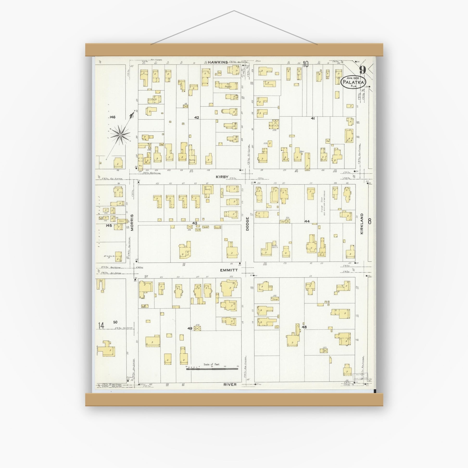 Old map wall art mockup — magnetic wood frame on white wall — Sanborn Fire Insurance Map from Palatka, Putnam County, Florida (1909), Sheet #0009