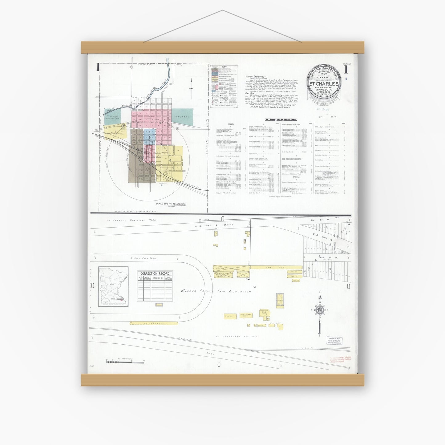 Old map wall art mockup — magnetic wood frame on white wall — Sanborn Fire Insurance Map from Saint Charles, Winona County, Minnesota (1949), Sheet #0001