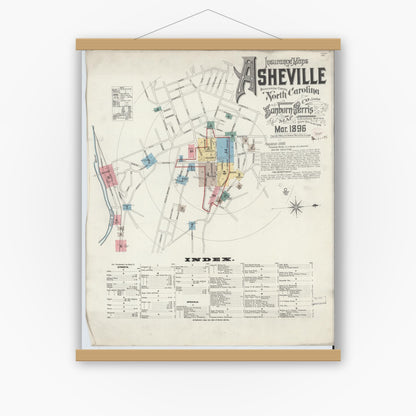 Old map wall art mockup — magnetic wood frame on white wall — Sanborn Fire Insurance Map from Asheville, Buncombe County, North Carolina (1896) - Complete Map Set
