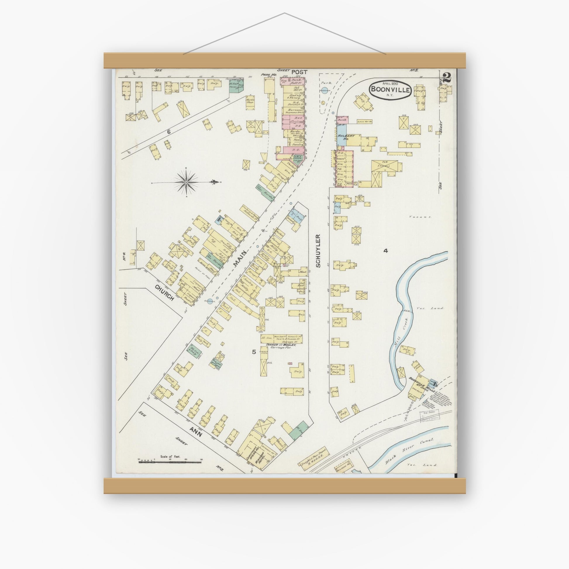 Old map wall art mockup — magnetic wood frame on white wall — Sanborn Fire Insurance Map from Boonville, Oneida County, New York (1890), Sheet #0002