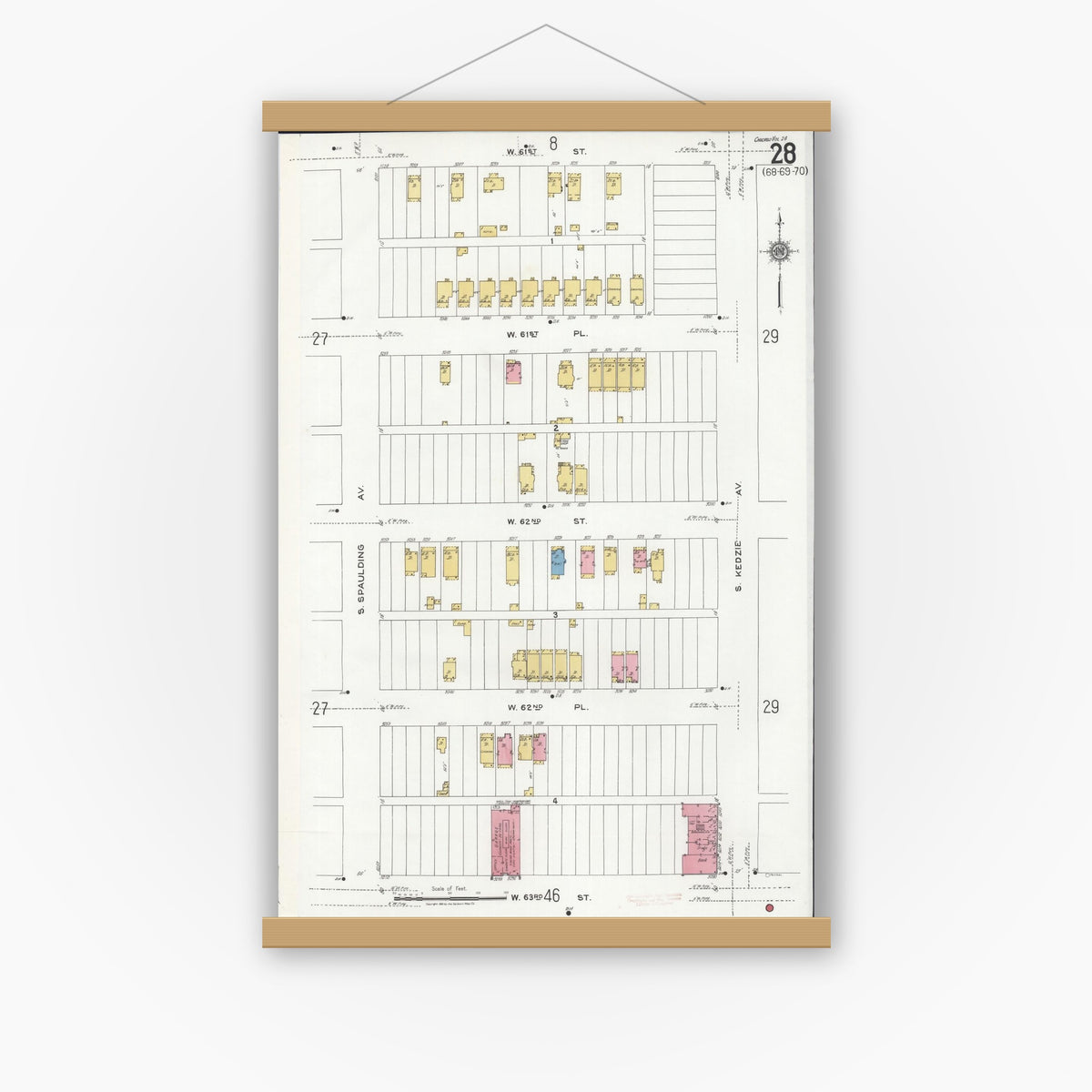 Old map wall art mockup — magnetic wood frame on white wall — Sanborn Fire Insurance Map from Chicago, Cook County, Illinois (1920), Sheet #0028