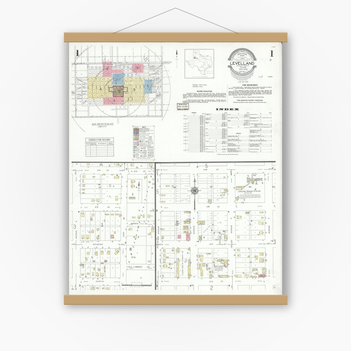 Old map wall art mockup — magnetic wood frame on white wall — Sanborn Fire Insurance Map from Levelland, Hockley County, Texas (1942) - Complete Map Set