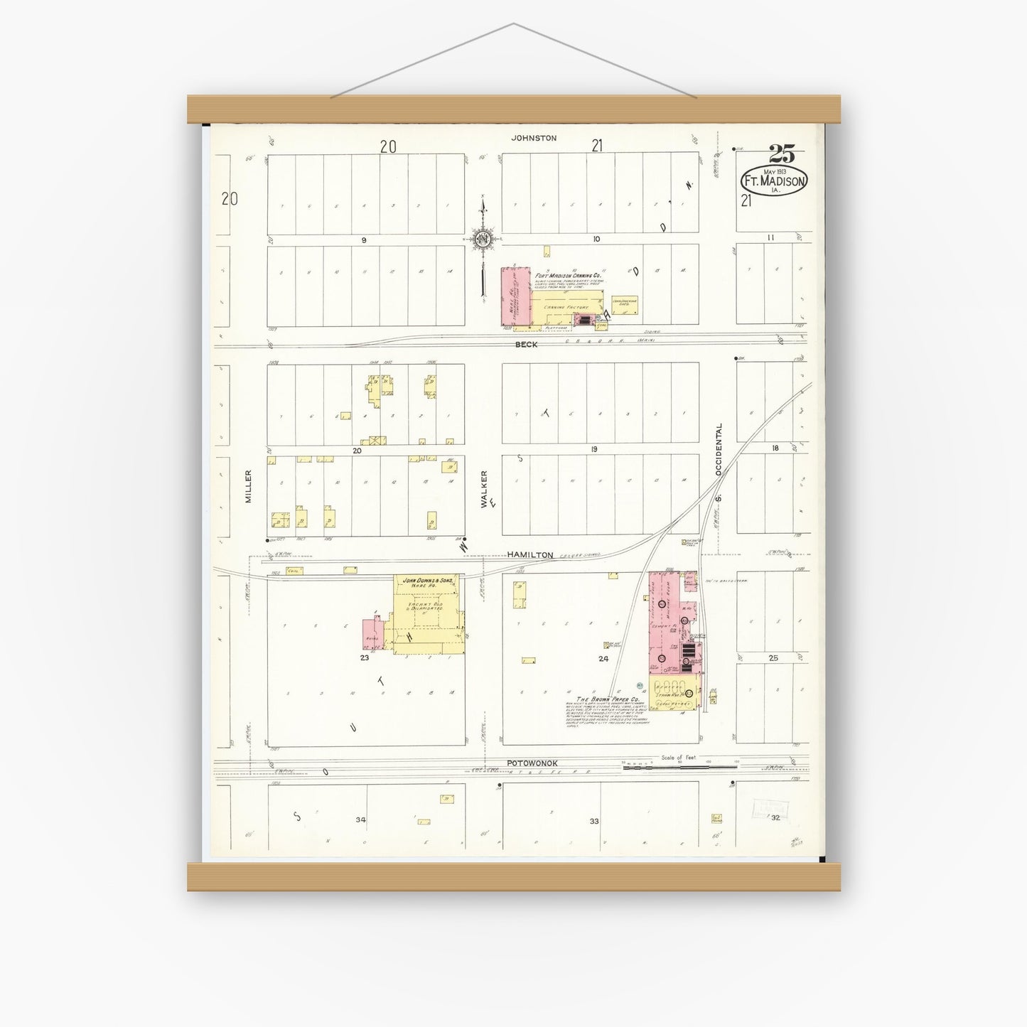 Old map wall art mockup — magnetic wood frame on white wall — Sanborn Fire Insurance Map from Fort Madison, Lee County, Iowa (1913), Sheet #0025