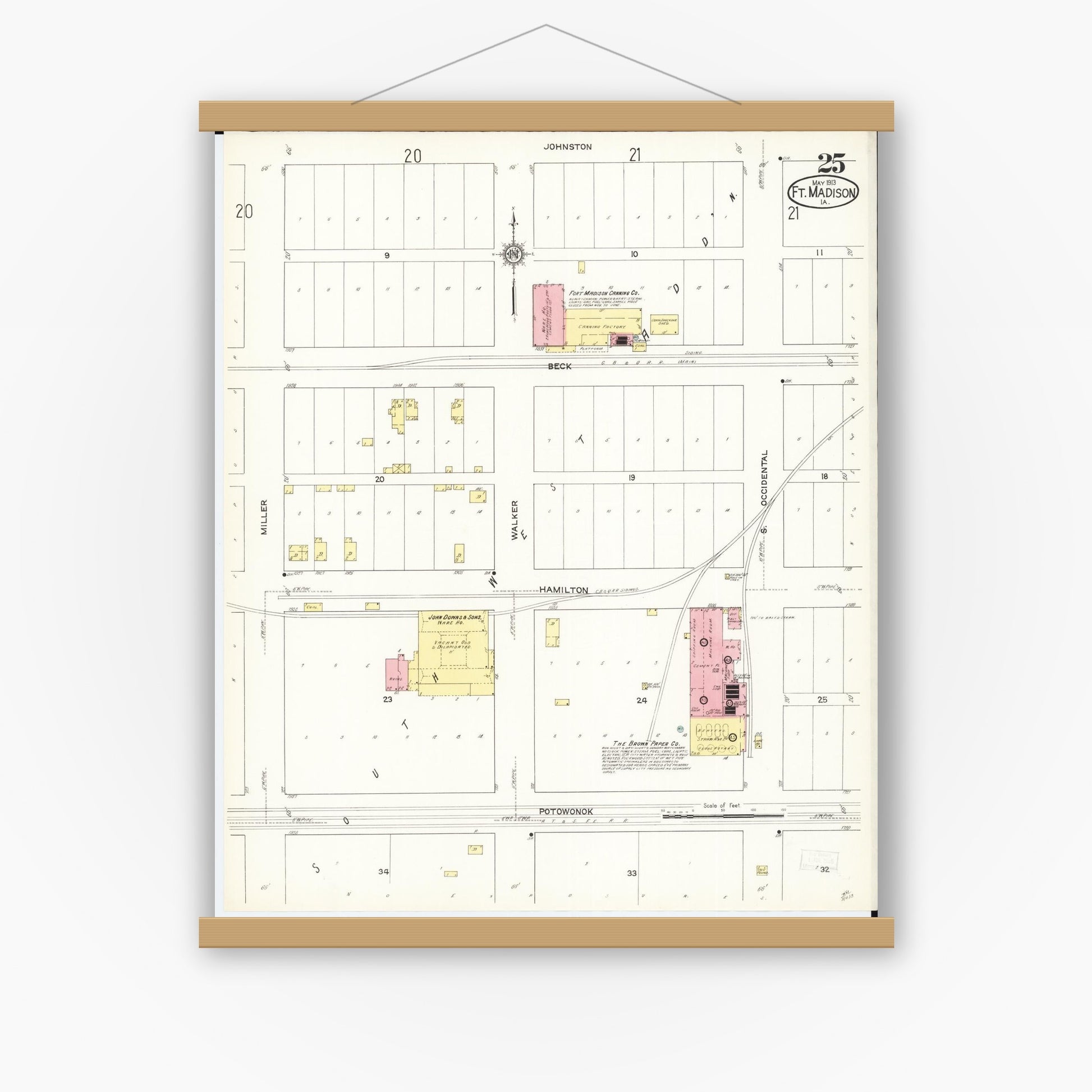 Old map wall art mockup — magnetic wood frame on white wall — Sanborn Fire Insurance Map from Fort Madison, Lee County, Iowa (1913), Sheet #0025