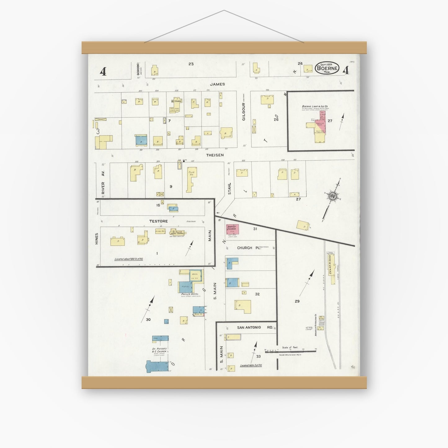 Old map wall art mockup — magnetic wood frame on white wall — Sanborn Fire Insurance Map from Boerne, Kendall County, Texas (1924), Sheet #0004