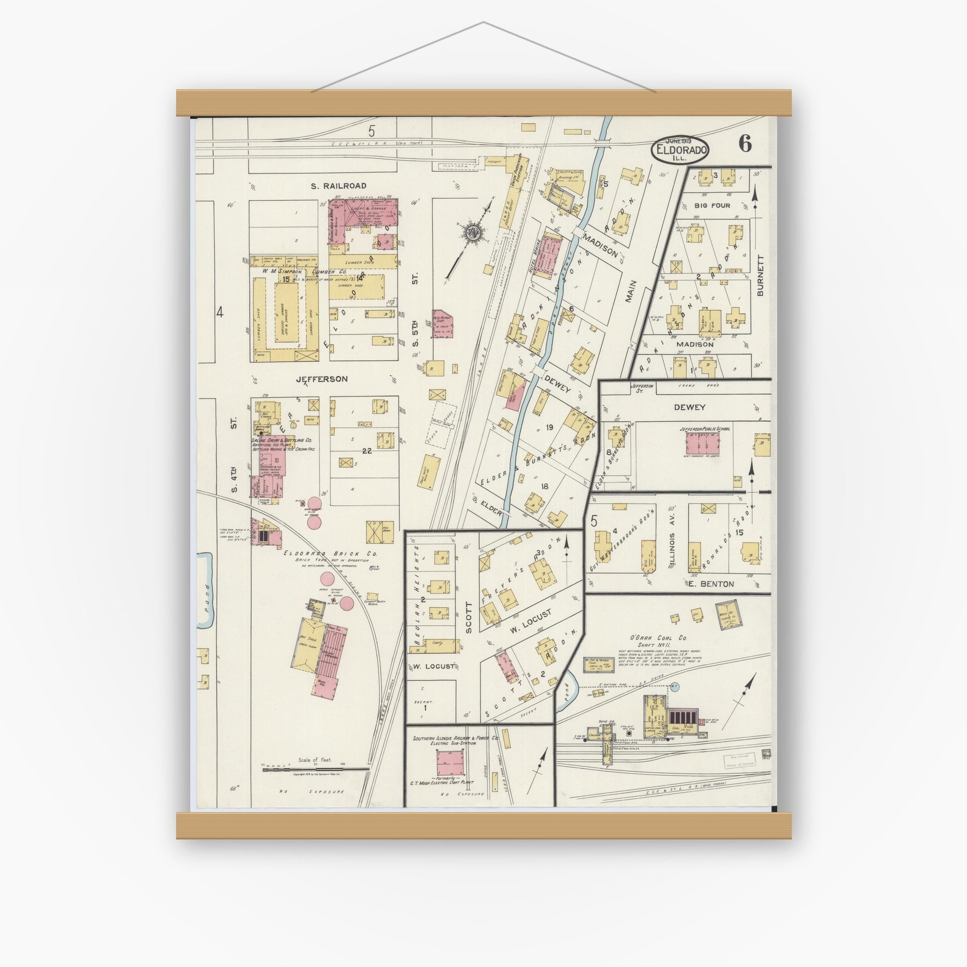 Old map wall art mockup — magnetic wood frame on white wall — Sanborn Fire Insurance Map from Eldorado, Saline County, Illinois (1919), Sheet #0006