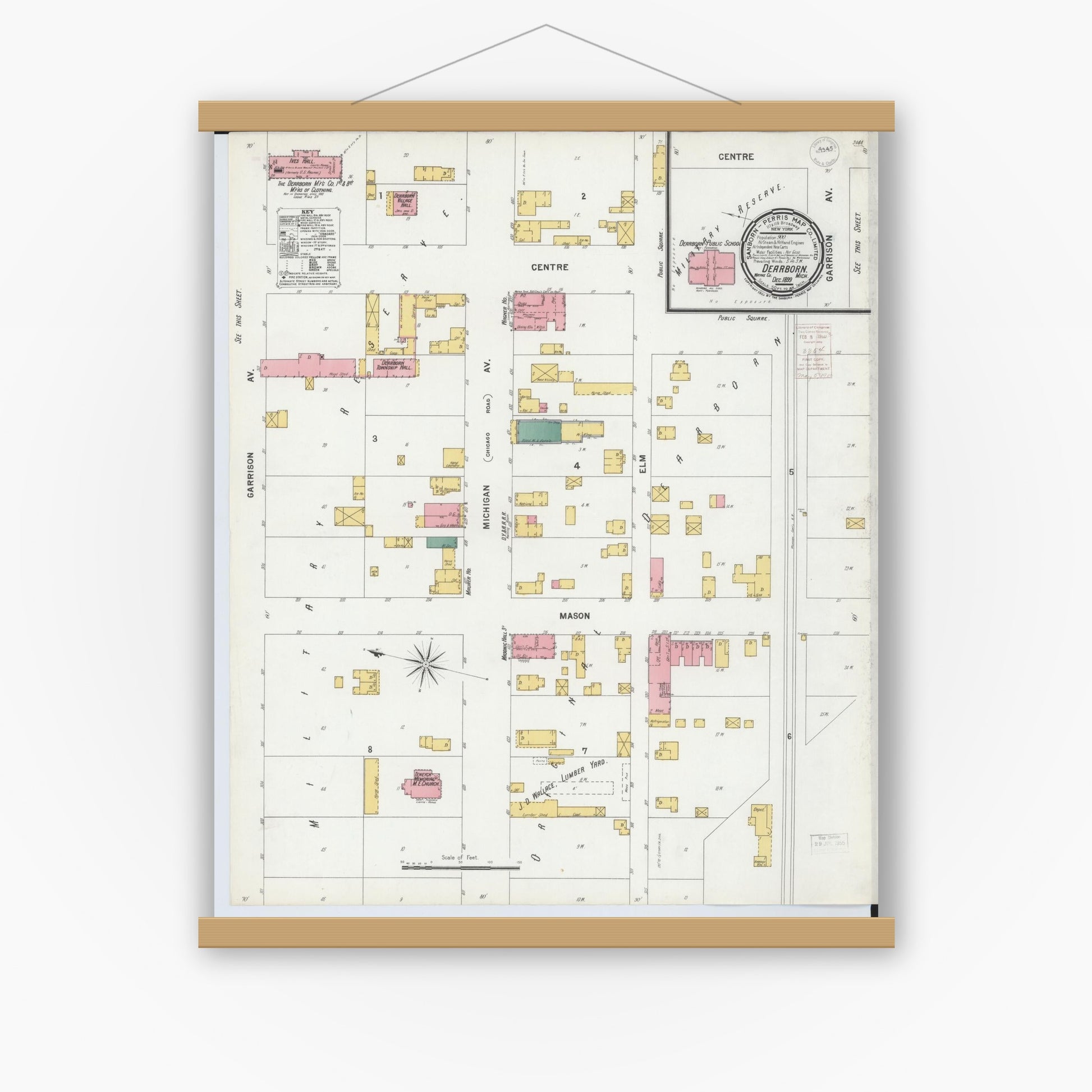 Old map wall art mockup — magnetic wood frame on white wall — Sanborn Fire Insurance Map from Dearborn, Wayne County, Michigan (1899), Sheet #0001