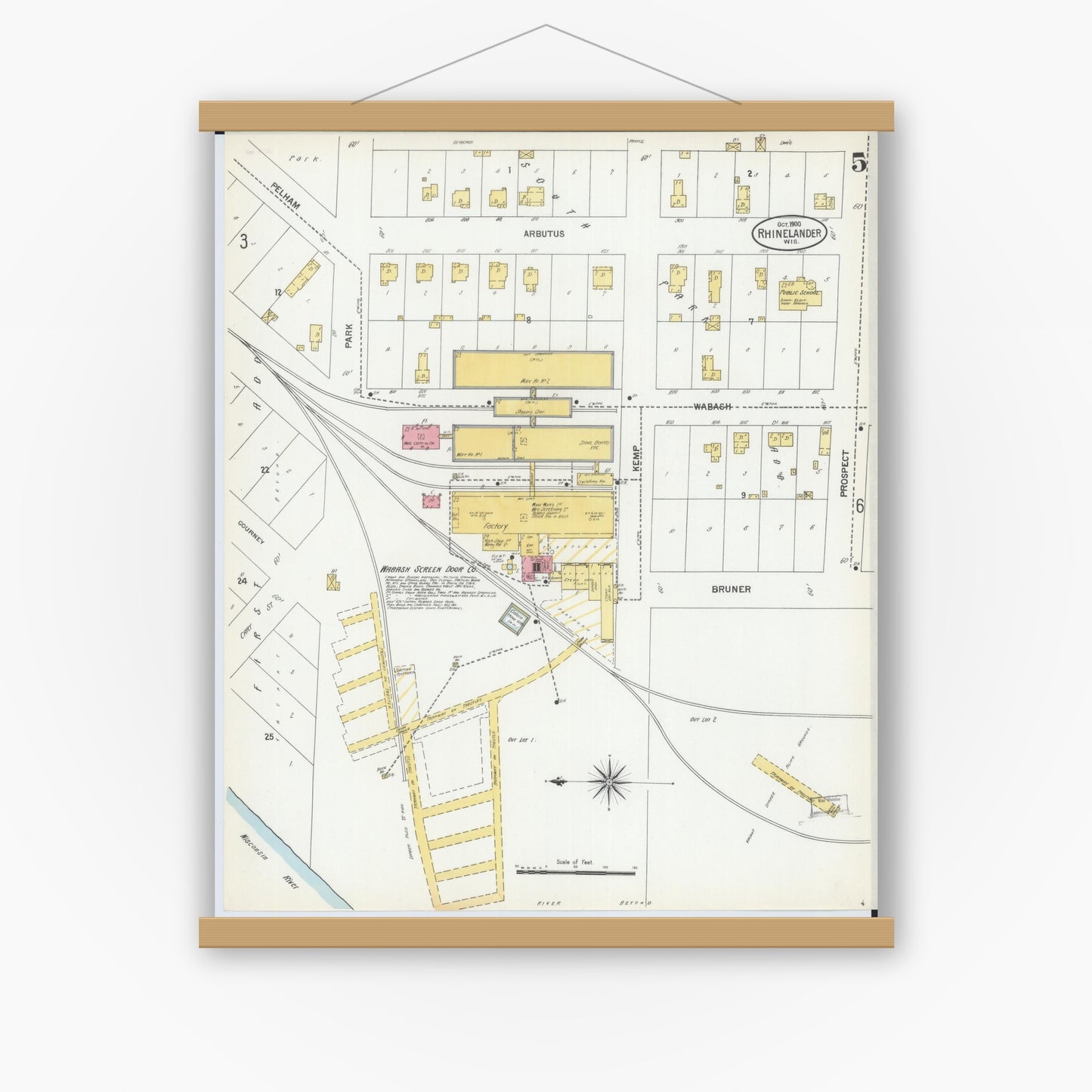 Old map wall art mockup — magnetic wood frame on white wall — Sanborn Fire Insurance Map from Rhinelander, Oneida County, Wisconsin (1900), Sheet #0005