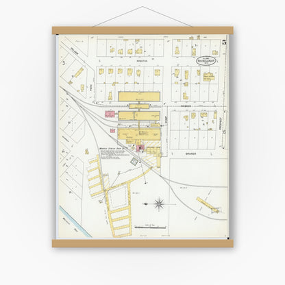 Old map wall art mockup — magnetic wood frame on white wall — Sanborn Fire Insurance Map from Rhinelander, Oneida County, Wisconsin (1900), Sheet #0005