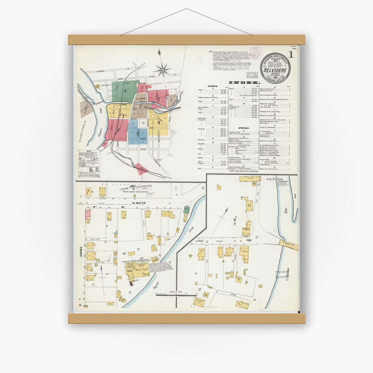 Old map wall art mockup — magnetic wood frame on white wall — Sanborn Fire Insurance Map from Belvidere, Warren County, New Jersey (1903), Sheet #0001