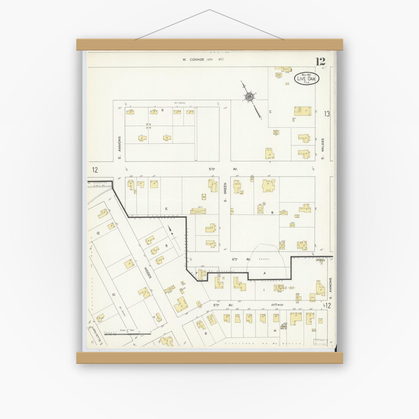 Old map wall art mockup — magnetic wood frame on white wall — Sanborn Fire Insurance Map from Live Oak, Suwanee County, Florida (1912), Sheet #0012