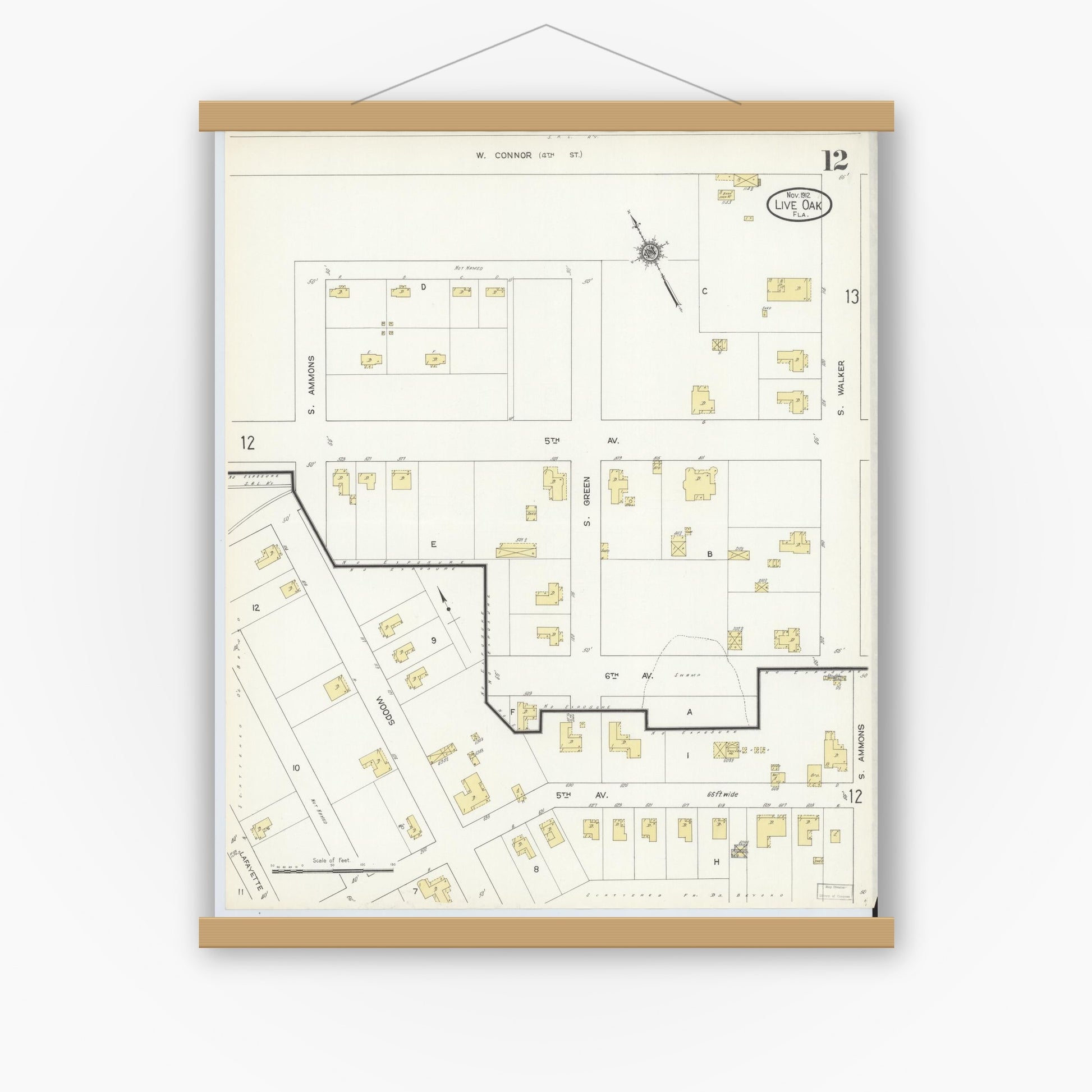 Old map wall art mockup — magnetic wood frame on white wall — Sanborn Fire Insurance Map from Live Oak, Suwanee County, Florida (1912), Sheet #0012