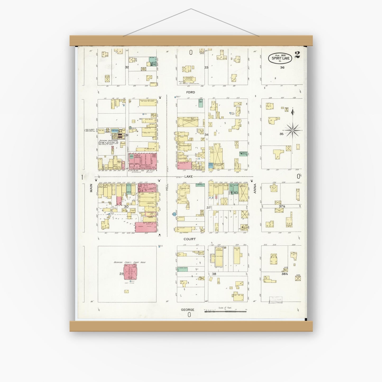 Old map wall art mockup — magnetic wood frame on white wall — Sanborn Fire Insurance Map from Spirit Lake, Dickinson County, Iowa (1900), Sheet #0002