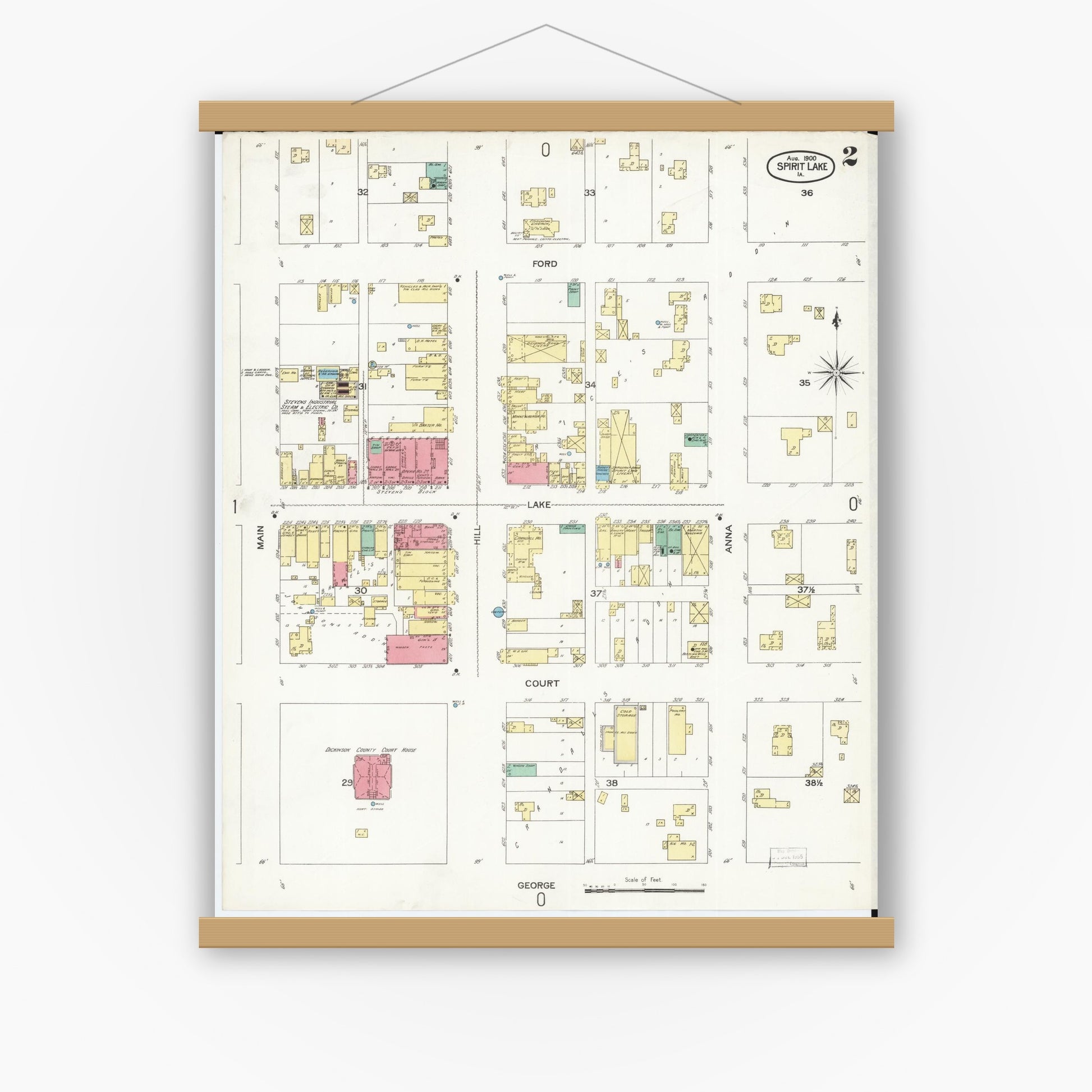 Old map wall art mockup — magnetic wood frame on white wall — Sanborn Fire Insurance Map from Spirit Lake, Dickinson County, Iowa (1900), Sheet #0002