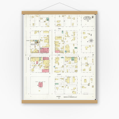 Old map wall art mockup — magnetic wood frame on white wall — Sanborn Fire Insurance Map from Spirit Lake, Dickinson County, Iowa (1900), Sheet #0002