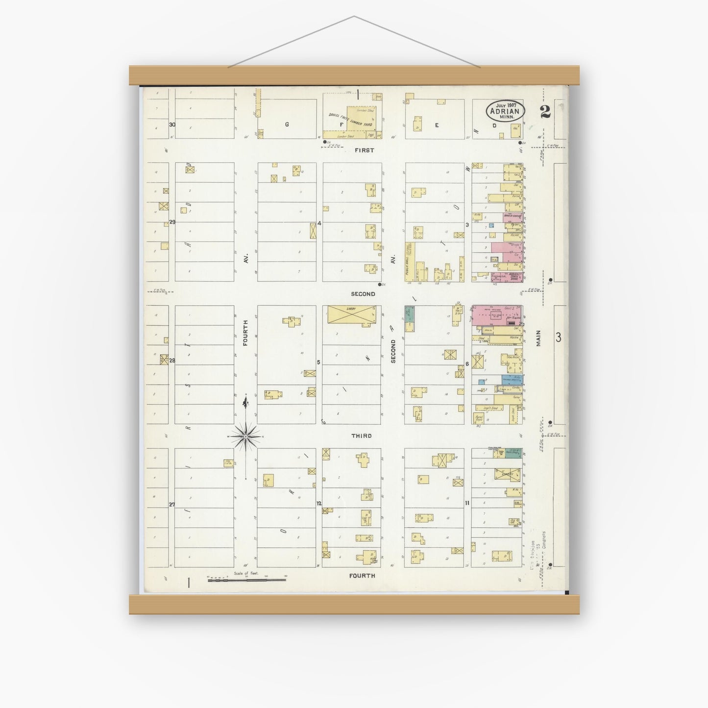 Old map wall art mockup — magnetic wood frame on white wall — Sanborn Fire Insurance Map from Adrian, Nobles County, Minnesota (1907), Sheet #0002