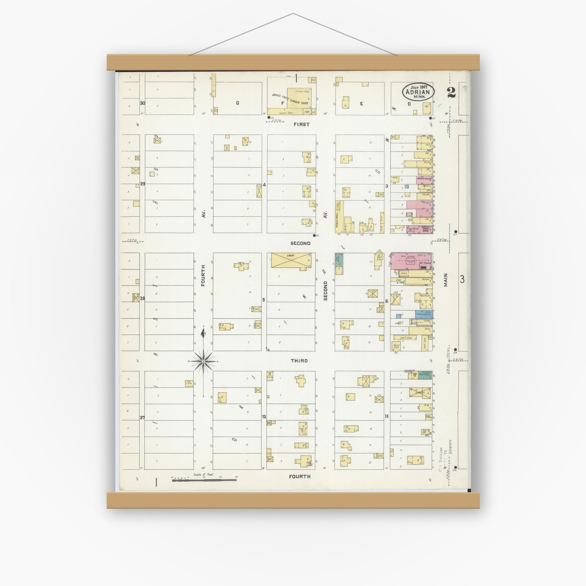 Old map wall art mockup — magnetic wood frame on white wall — Sanborn Fire Insurance Map from Adrian, Nobles County, Minnesota (1907), Sheet #0002
