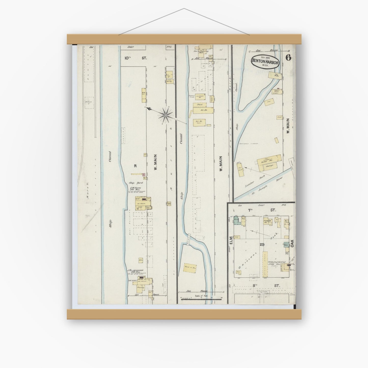 Old map wall art mockup — magnetic wood frame on white wall — Sanborn Fire Insurance Map from Benton Harbor, Berrien County, Michigan (1889), Sheet #0006