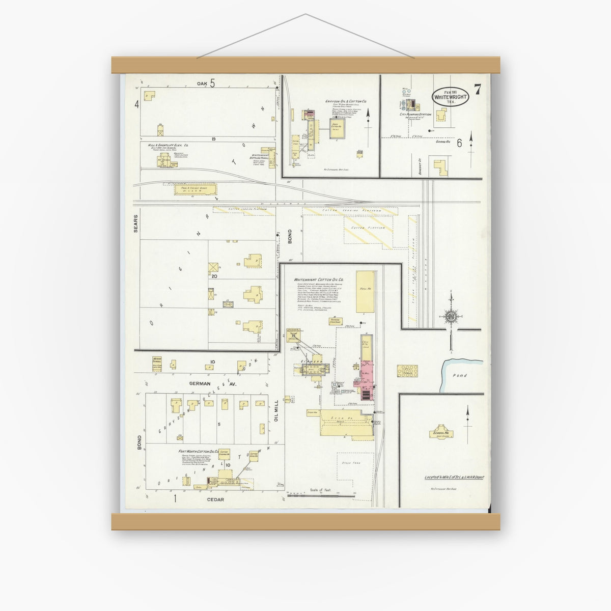 Old map wall art mockup — magnetic wood frame on white wall — Sanborn Fire Insurance Map from Whitewright, Grayson County, Texas (1911), Sheet #0007